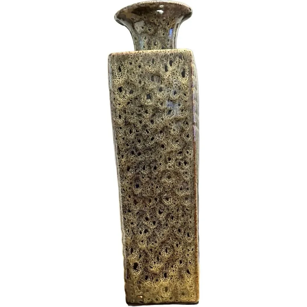 1980s Asian Ceramic Vase Birdseye Pattern Green Brown Black Bottle Neck